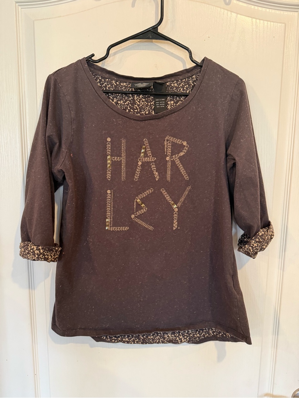 Harley Davidson 3/4 Sleeve Shirt Scoop Women Large Biker Motorcycle Gold Studded